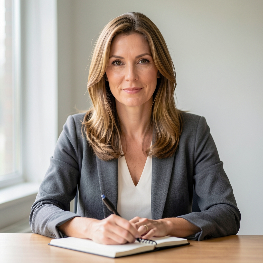 Editorial portrait of a woman with light brown hair in her mid-thirties seated at a desk with a notebook, photographed in soft side-window light against a pale background